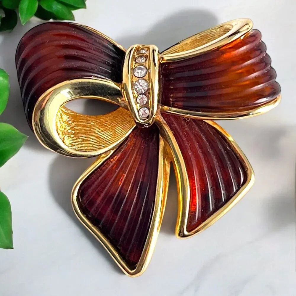 Vintage 1990s Joan Rivers Ribbon Bow Brooch Gold Tone Enamel Crystal - 8L